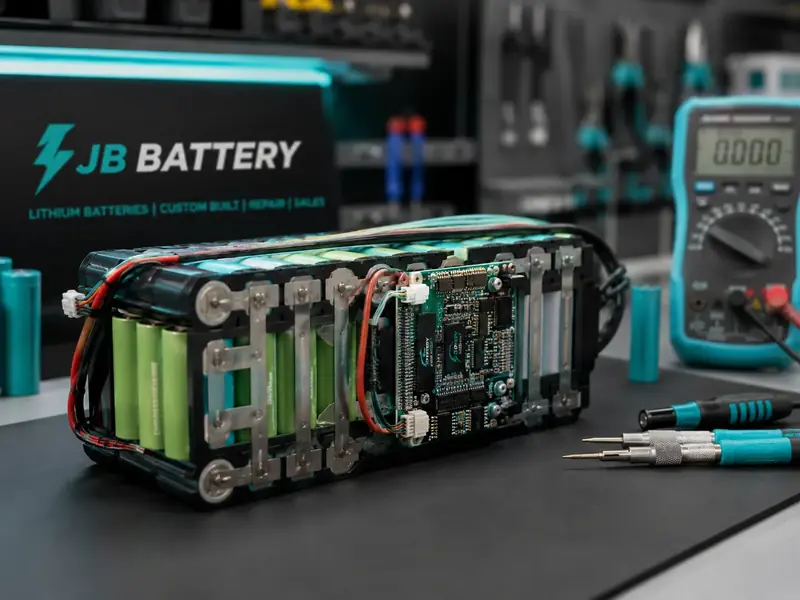 סוללת ליתיום פתוחה על שולחן אבחון במעבדת BATTERY FIX